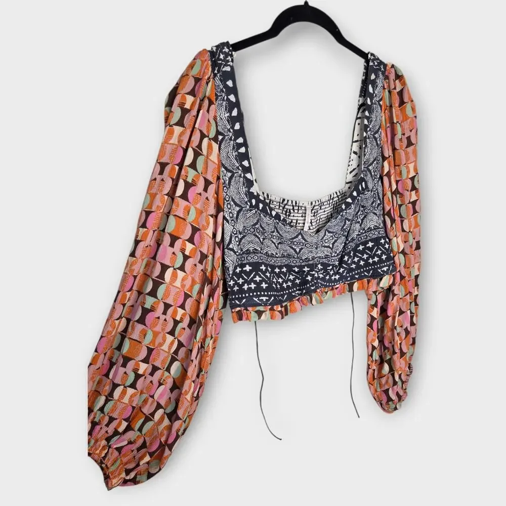 Free People Naomi Mixed Print Crop Top Balloon Sleeve Smocked Back Women's Med